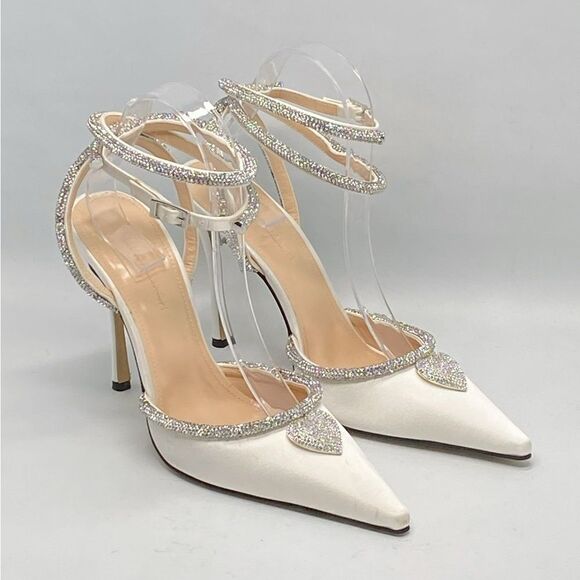 Mach & Mach Crystal Heart 110 Satin Ankle-Strap Pumps size 38 - Picture 3 of 13